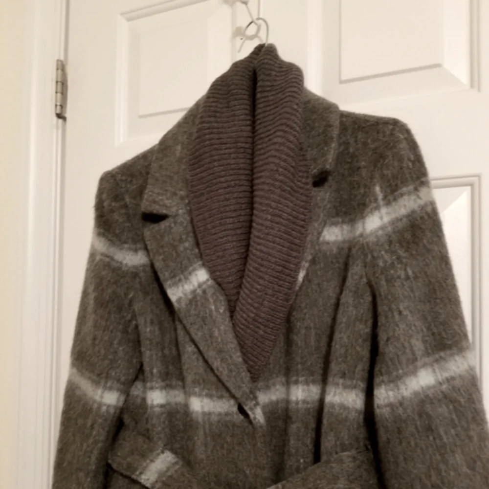 DKNY Women's Knit-Collar Belted Wrap Coat Charcoal Grey Wool - Picture 2 of 9